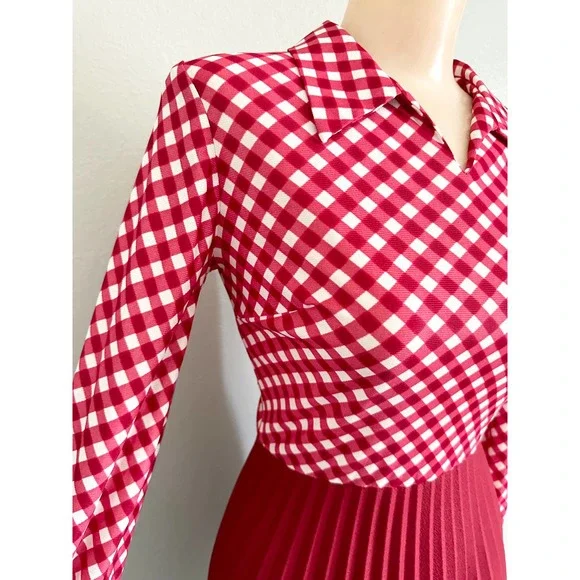 Vintage 60s 70s Red Check Skater Accordion Pleated Dagger Collar Mod Red Dress - Picture 4 of 15